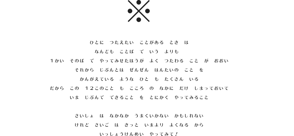 ※ ひとに　つたえたい　ことがある　とき　は　なんども　ことば　で　いう　よりも　１かい　そのば　で　やってみせたほうが　よく　つたわる　こと　が　おおい。　それから　じぶんとは　ぜんぜん　はんたいの　こと　を　かんがえている　ような　ひと　も　たくさん　いる。　だから　この　12このこと　も　こころ　の　なかに　だけ　しまっておいて　いま　じぶんで　できること　を　とにかく　やってみること。　さいしょ　は　なかなか　うまくいかない　かもしれない。　けれど　さいご　は　きっと　いまより　よくなる　から　いっしょうけんめい　やってみて！